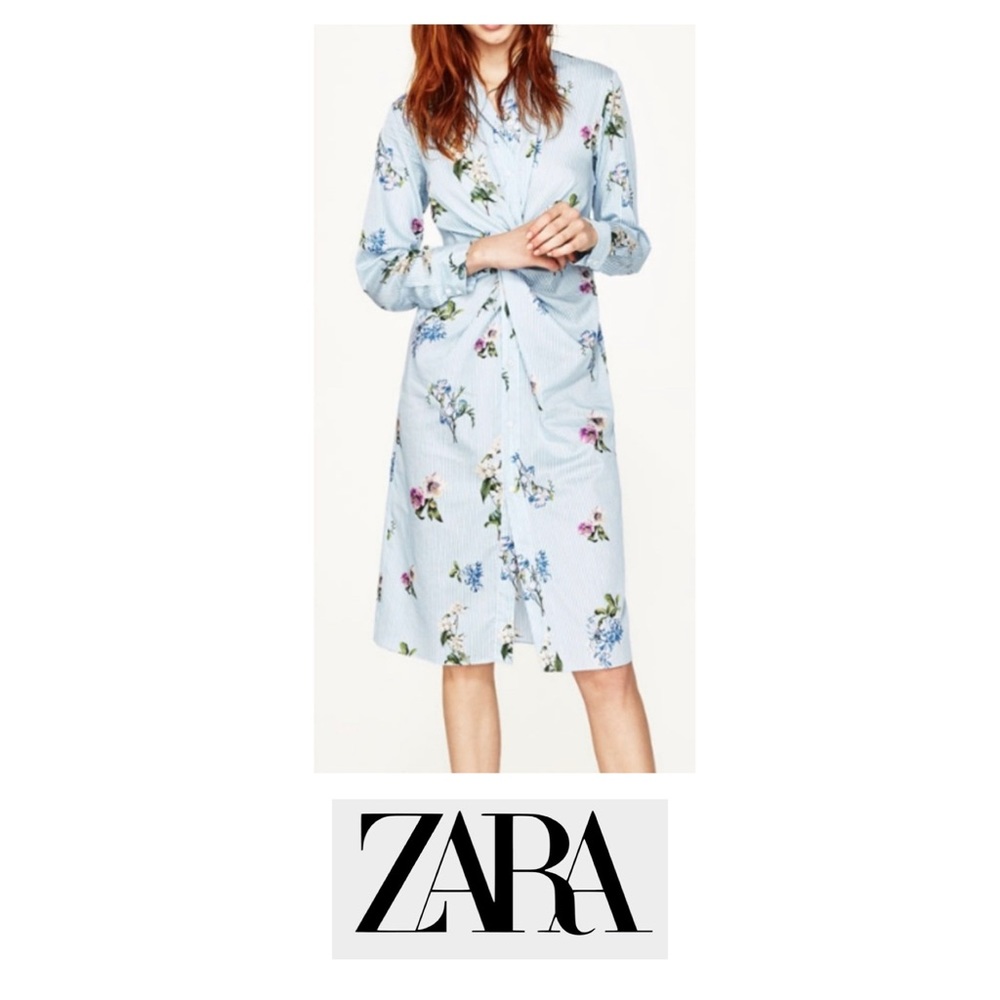 Zara Flower Print Knot Shirt Dress